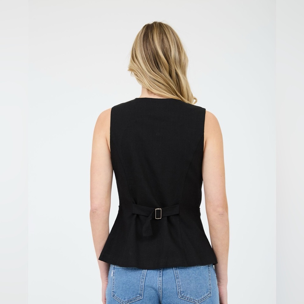 Blu Pepper/The Workshop Black Button Down Long Lined Linen Vest - Picture 2 of 4